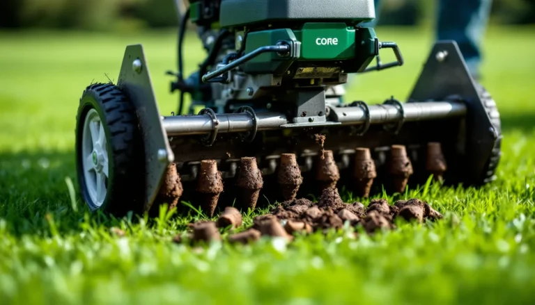 Core lawn aerator pulling soil plugs from a green lawn, with extracted plugs left on the grass surface to break down