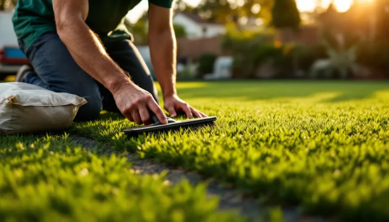 Homeowner brushing silica sand infill into freshly laid artificial grass over a compacted crushed-rock base in a backyard