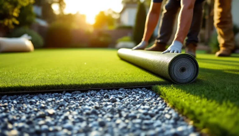 Installer rolling out artificial turf over a compacted gravel base in a sunlit residential backyard at golden hour