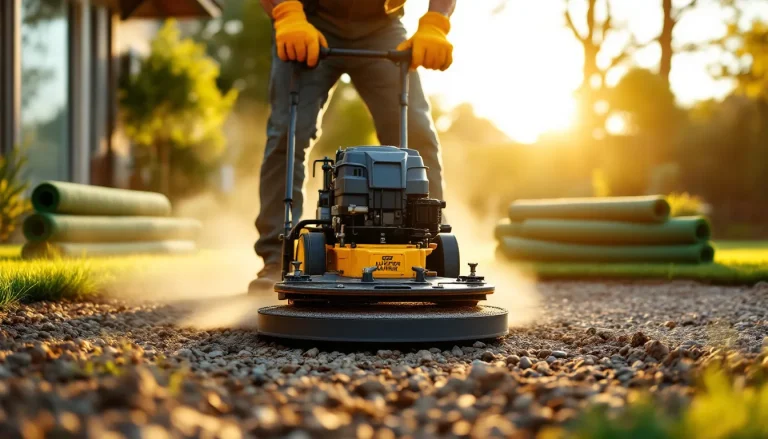 Homeowner using a plate compactor on an aggregate base during artificial turf installation in a backyard