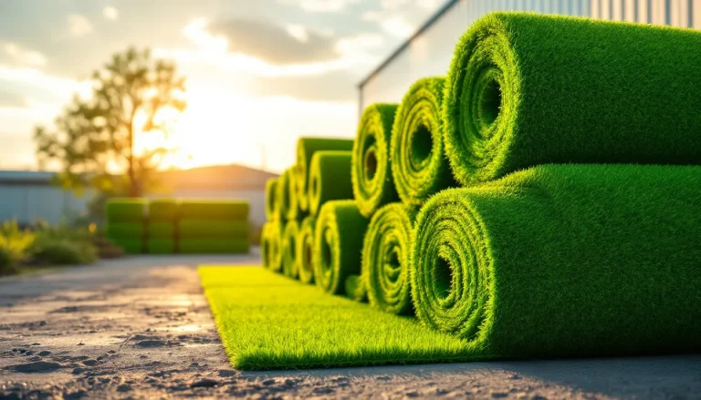 Rolls of green astro turf for sale stacked in a landscape supply yard at golden hour