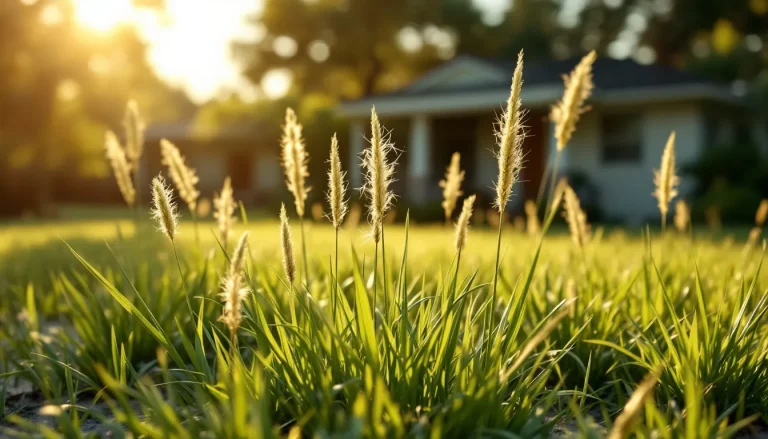 Coarse light green bahia grass lawn with tall Y-shaped seedheads on sandy Florida soil at golden hour