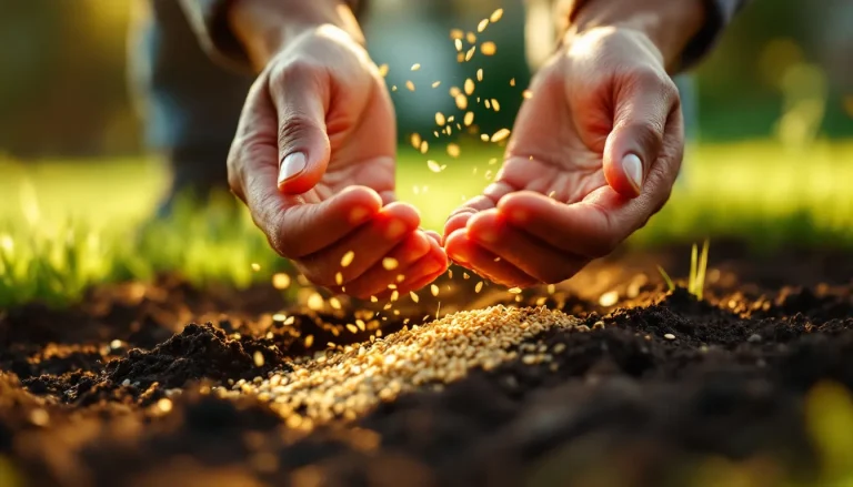 Hands sowing Bermuda grass seed by hand over freshly prepared soil at golden hour