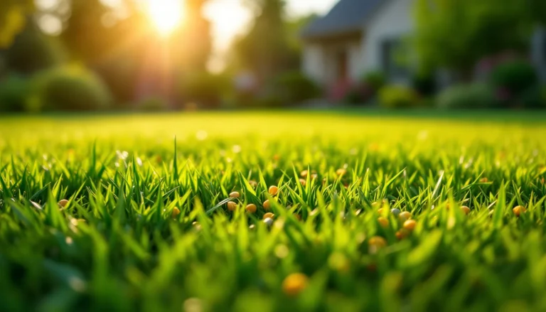 Granular fertilizer pellets on healthy green lawn
