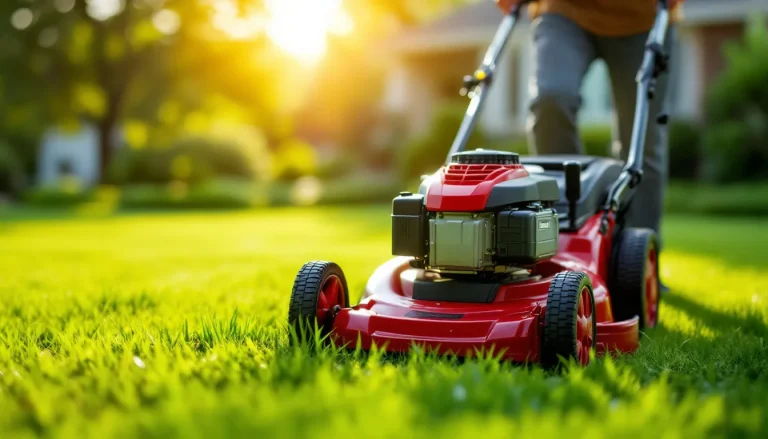 Gas self-propelled lawn mower with a 21-inch deck cutting a green suburban lawn at golden hour