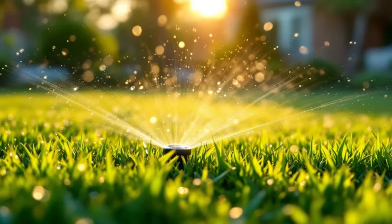 Lawn sprinkler watering green grass at golden-hour sunrise with mist rising, the best time to water grass