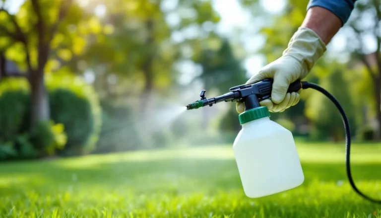 Lawn care applicator spraying liquid bifenthrin insecticide on turf with a pump sprayer wearing gloves and eye protection