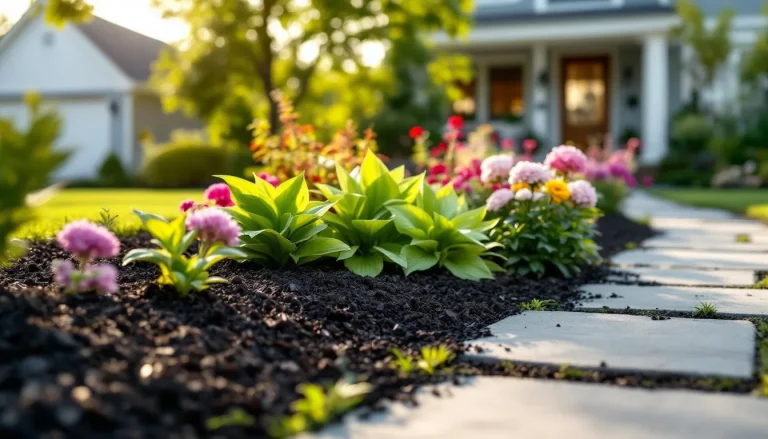 Fresh black mulch spread evenly around green shrubs and flowers in a tidy garden bed beside a stone walkway