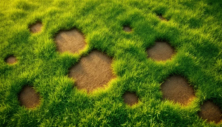 Green lawn with several irregular brown patches indicating possible disease or pest damage