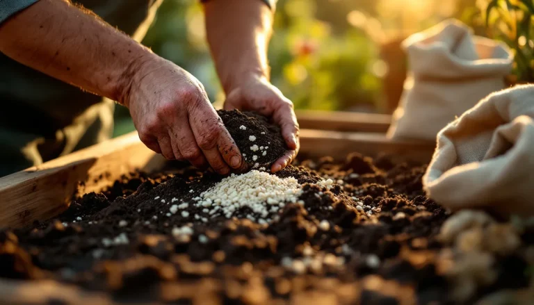 Gardener mixing living no-till soil with pumice, compost, and amendments in a raised bed at golden hour