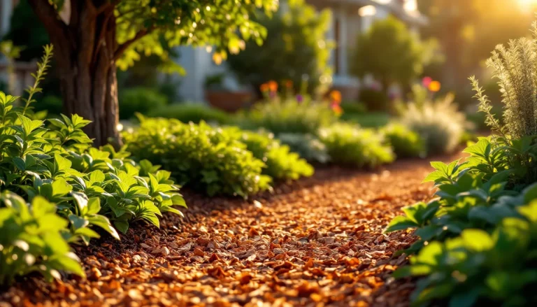 Fresh reddish-brown cedar mulch spread around a flowering perennial bed and garden path