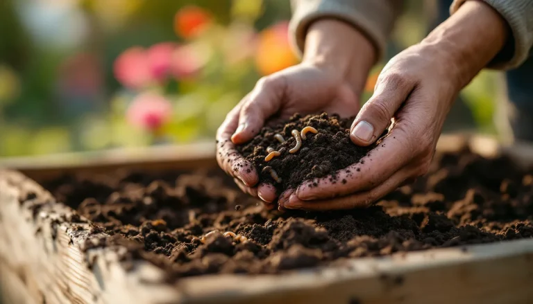 Gardener's hands crumbling dark amended clay soil over a raised bed at golden hour