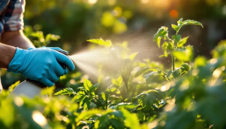 Gardener spraying copper fungicide on tomato plant leaves at golden hour in a backyard vegetable garden