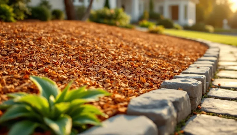 Fresh tan cypress mulch spread three inches deep in a sloped garden border at golden hour