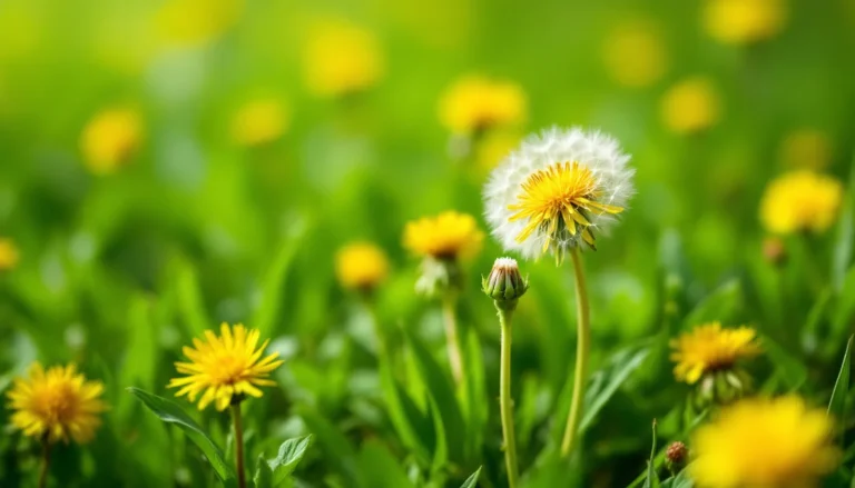 Bright yellow dandelion flowers blooming in green lawn grass with one head gone to white seed puffball