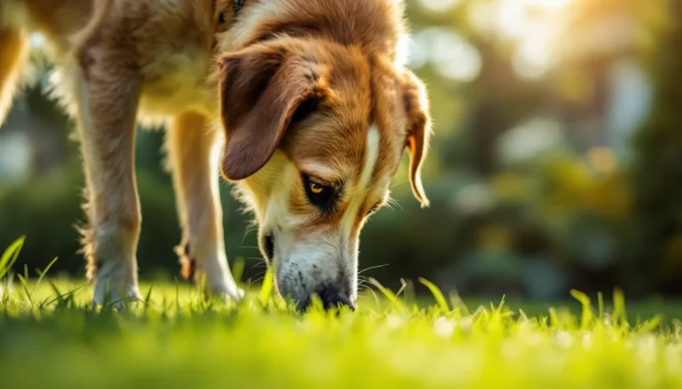 A dog grazing on green backyard lawn grass on a sunny day