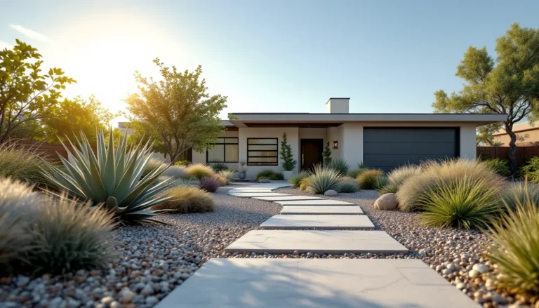 Front yard xeriscape with native drought-tolerant plants, gravel, and ornamental grasses