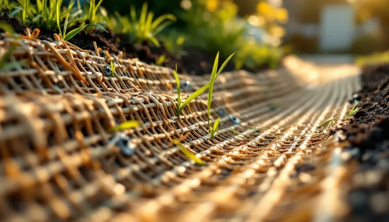 Straw erosion control blanket stapled over a newly seeded residential backyard slope at golden hour