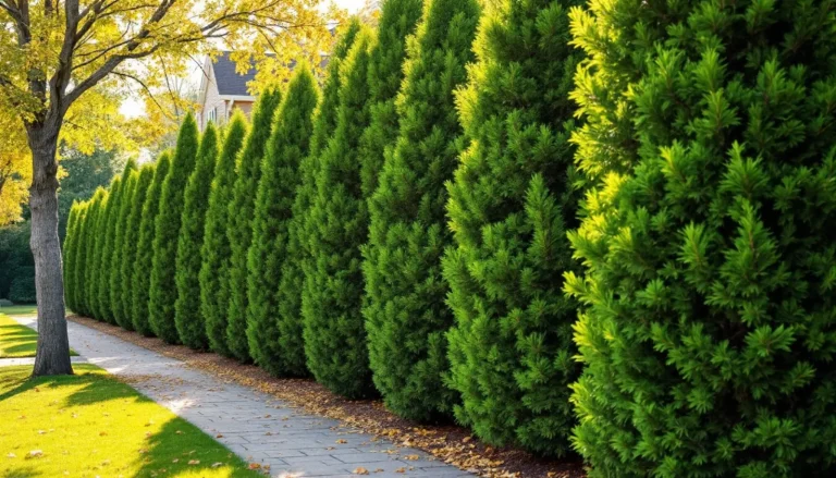 Row of fast growing Thuja Green Giant arborvitae forming a dense evergreen privacy screen along a residential property line