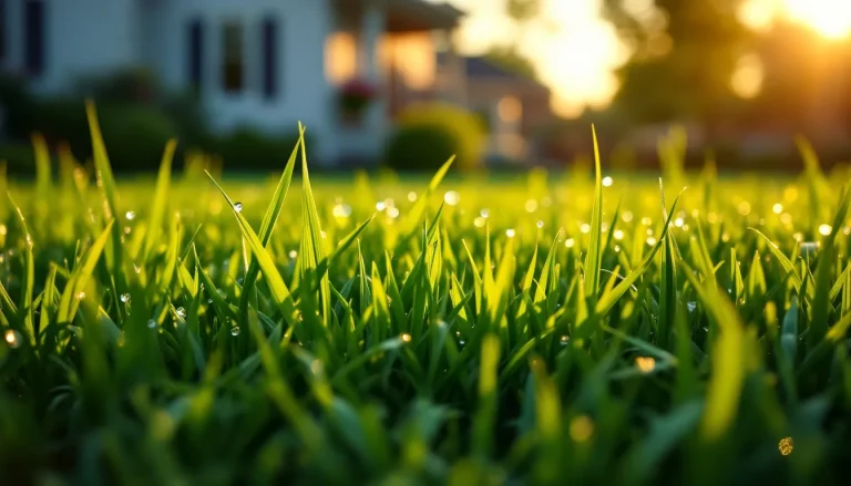 Close-up of a dense green turf-type tall fescue lawn with coarse upright blades in golden-hour light