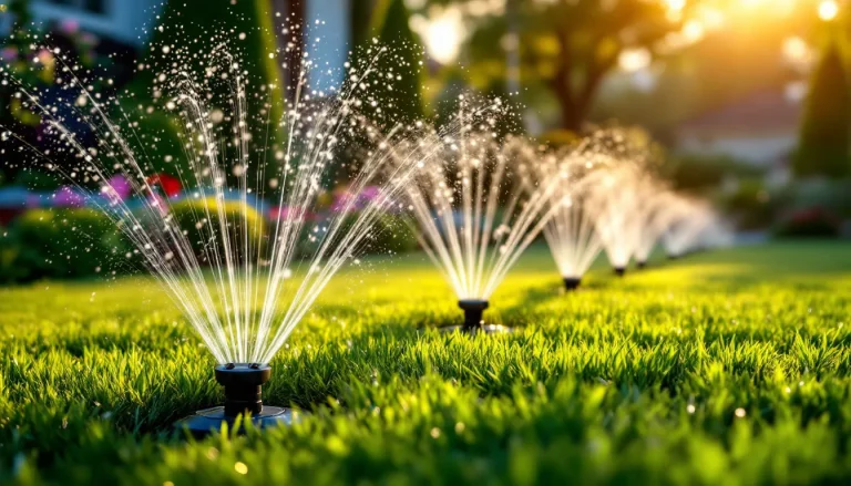 In-ground garden sprinkler system with pop-up rotor heads watering a green suburban lawn at golden hour