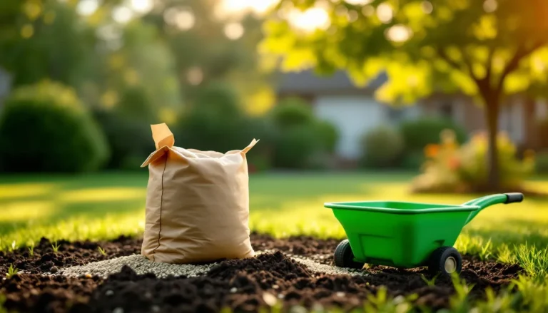 Open bag of grass seed beside a hand spreader on freshly raked soil in a sunny suburban backyard