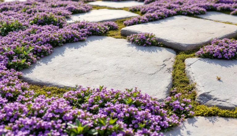 Flowering ground cover of purple creeping thyme spreading between flagstone stepping stones in full sun