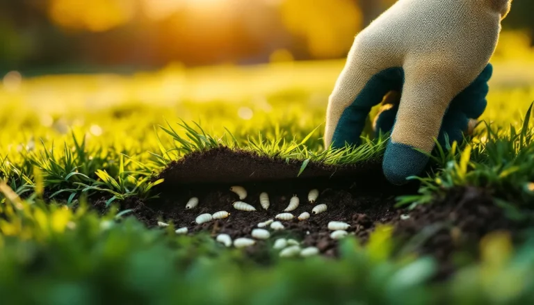 Gloved hand pulling back a square of lawn turf to reveal white C-shaped grubs in the soil and root zone