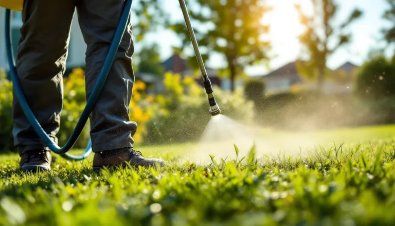 Backpack sprayer applying herbicide to weeds in a lawn