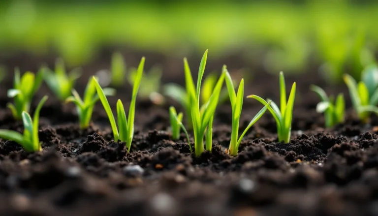 Close-up of new grass seedlings sprouting through moist dark soil in a freshly seeded lawn