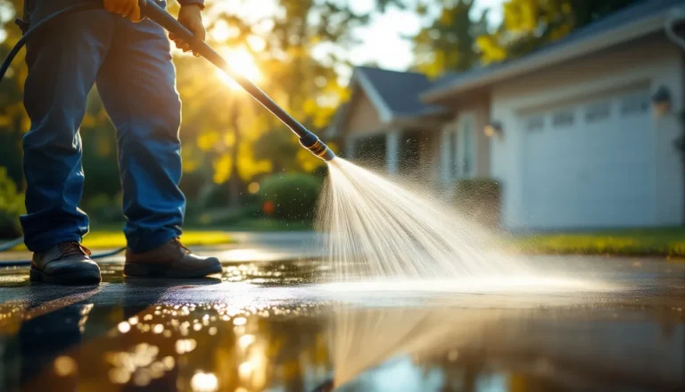 Pressure washing contractor cleaning a concrete driveway with a high-pressure wand at golden hour