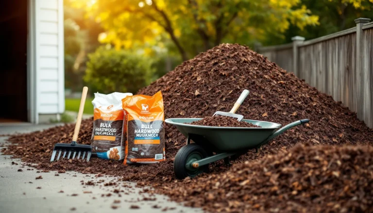 Bulk hardwood mulch piled in a driveway next to bagged mulch, with a wheelbarrow and rake for spreading on a landscape bed