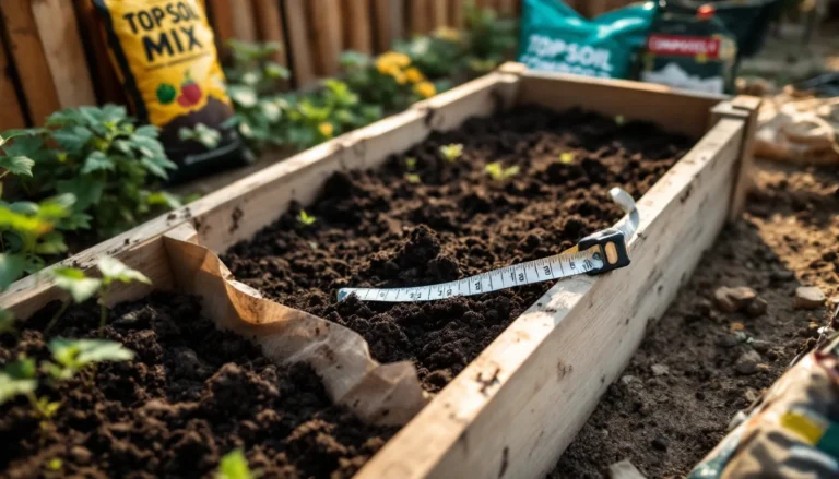 Raised garden bed being filled with soil mix next to bags of topsoil and compost, with a measuring tape showing bed length and depth