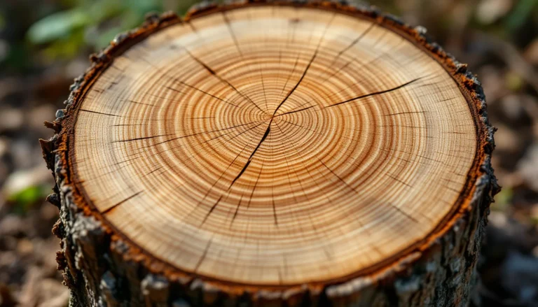 Close-up of tree growth rings on a cut stump used to estimate tree age