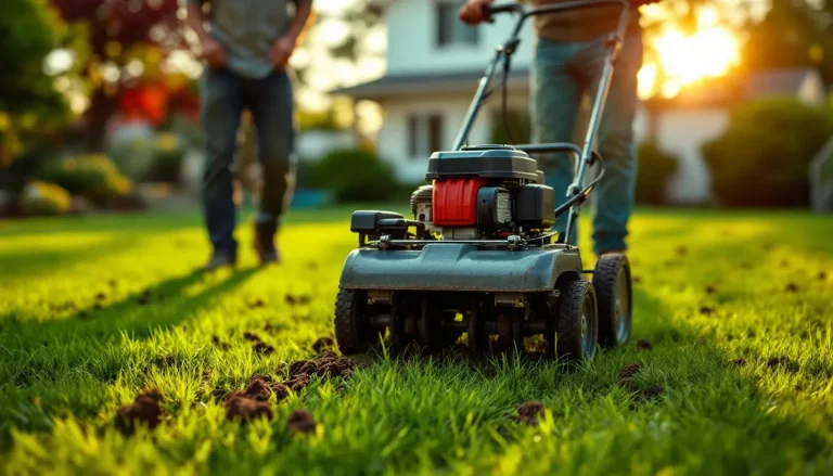 Homeowner pushing a core aerator across a green residential lawn, pulling soil plugs in overlapping rows at golden hour