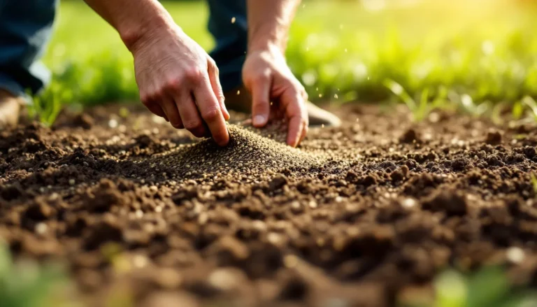 Hand spreading grass seed over a freshly raked, level bare soil seedbed for a new lawn