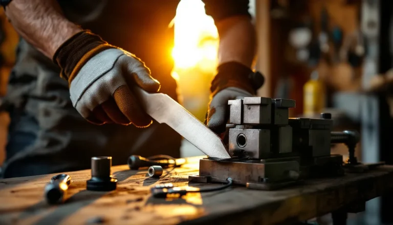 Homeowner sharpening a removed lawn mower blade with a flat metal file on a workbench at golden hour