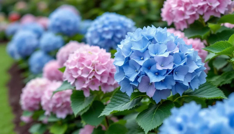 Blue and pink bigleaf hydrangea mophead flowers in bloom along a garden bed