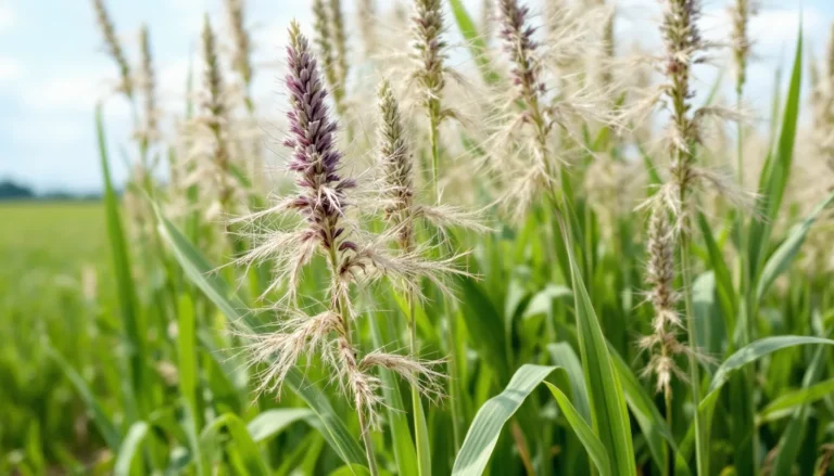 Tall johnson grass (Sorghum halepense) with white-midrib leaf blades and a purplish open seedhead growing in a clump along a field edge