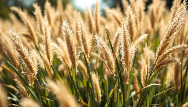 Karl Foerster feather reed grass standing in upright tan plumes in a sunny perennial border