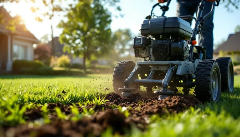 Motorized walk-behind core aerator pulling soil plugs across a green residential lawn