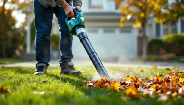 Homeowner using a cordless handheld lawn blower to clear fall leaves off a green lawn onto a driveway