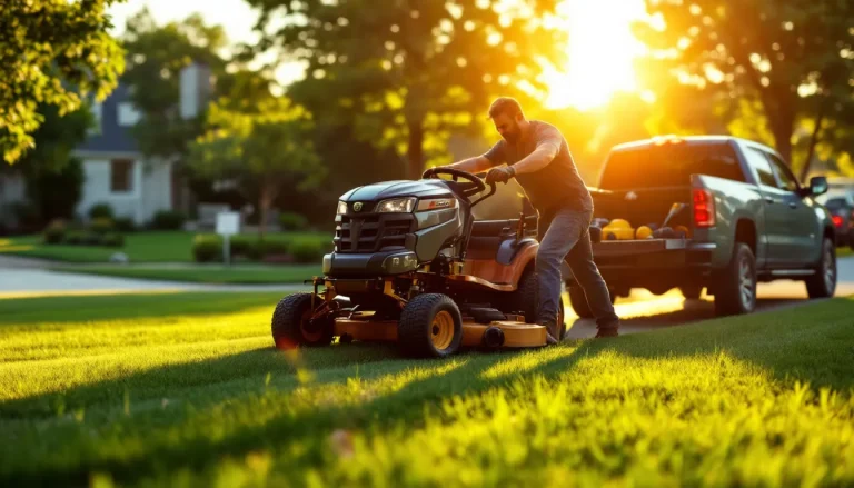 Lawn care business owner loading a commercial mower onto an insured trailer at golden hour