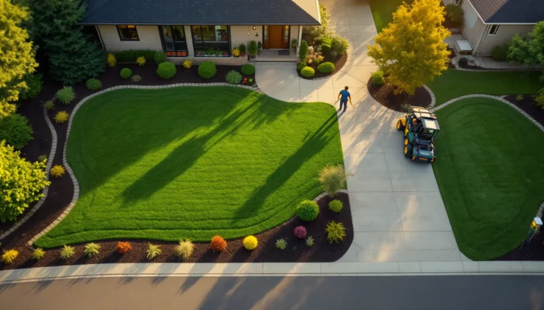 Aerial view of a manicured residential lawn with landscaping crew at work