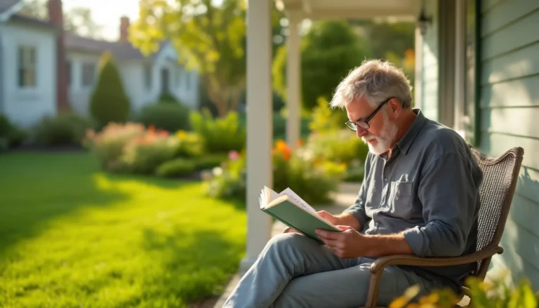 Homeowner reading lawn care guide on back porch with healthy lawn