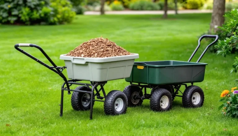 Four-wheel poly dump lawn cart loaded with mulch beside a two-wheel garden cart on a green lawn