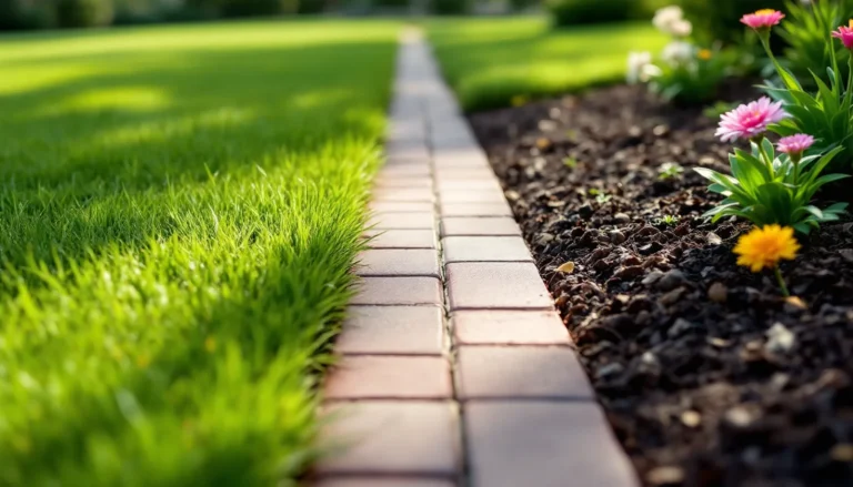 Flush brick paver mowing strip separating a clean lawn edge from a mulched flower bed