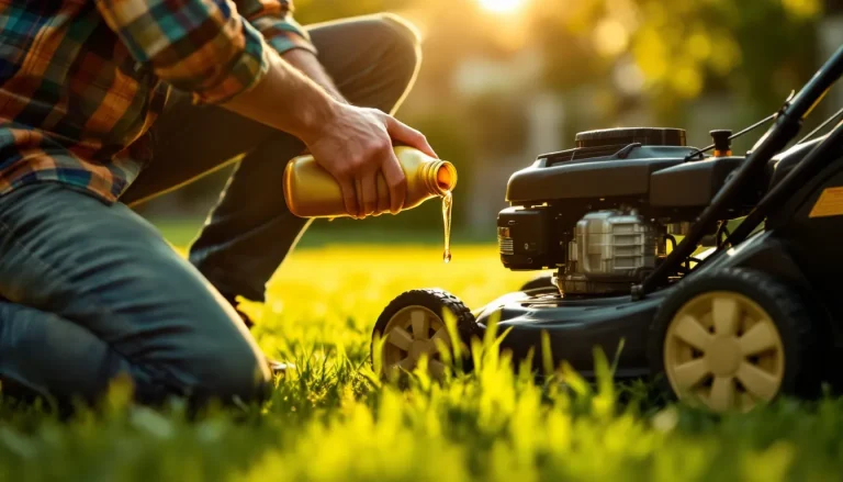 Homeowner pouring SAE 30 lawn mower oil into a gas push mower engine on level ground at golden hour