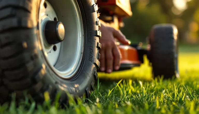 Close-up of a riding mower rear turf tire showing the molded size code 20x10-8 on the sidewall