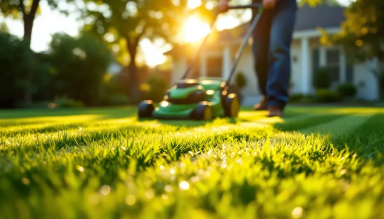 Homeowner mowing a green residential lawn in straight overlapping passes at golden hour